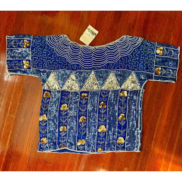 Vintage 80’s D & A Deadstock Silk Blue Silver Beaded Dress Formal Blouse Medium - Picture 2 of 5